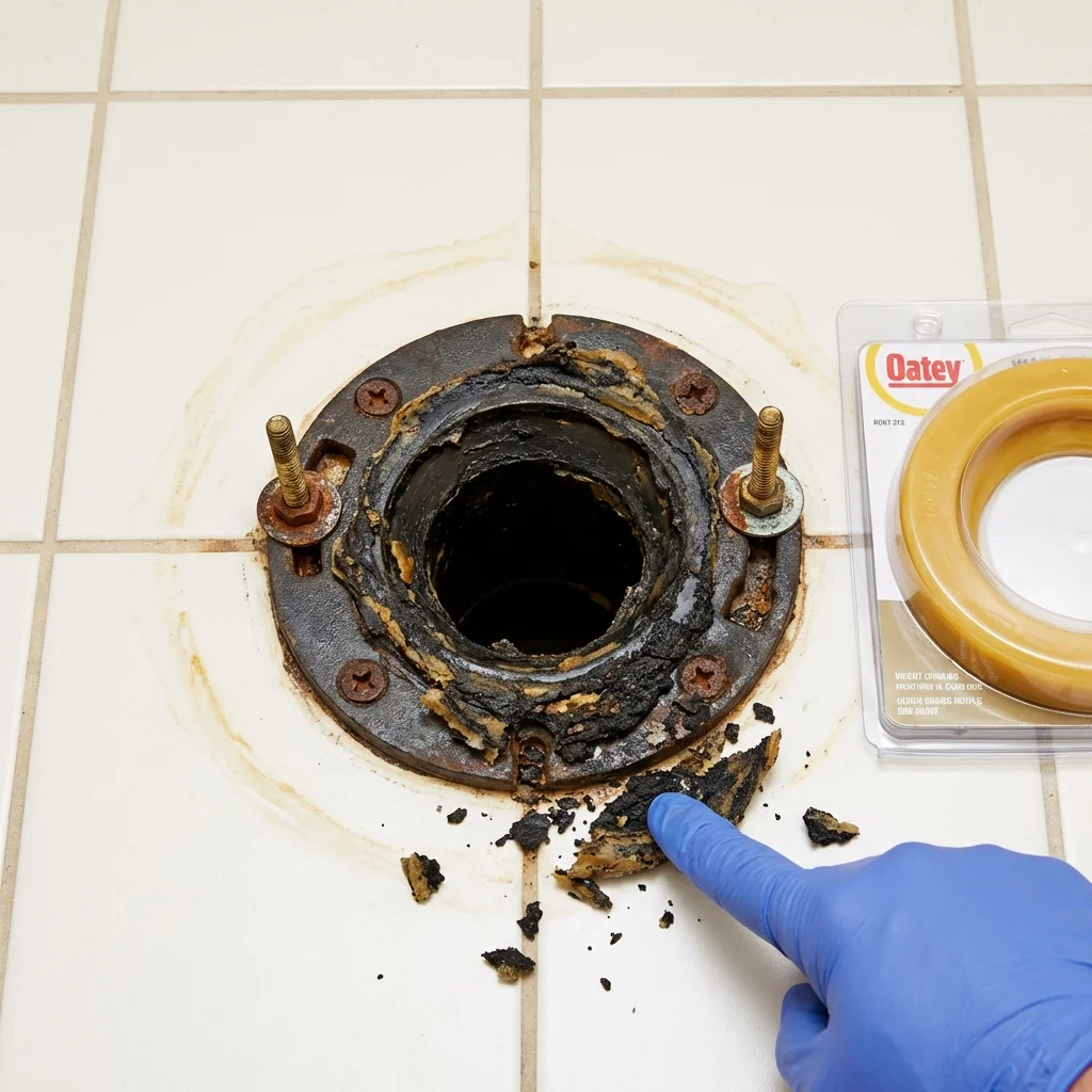 Failed wax ring showing water seepage at the base of a toilet in a Chester, NY home